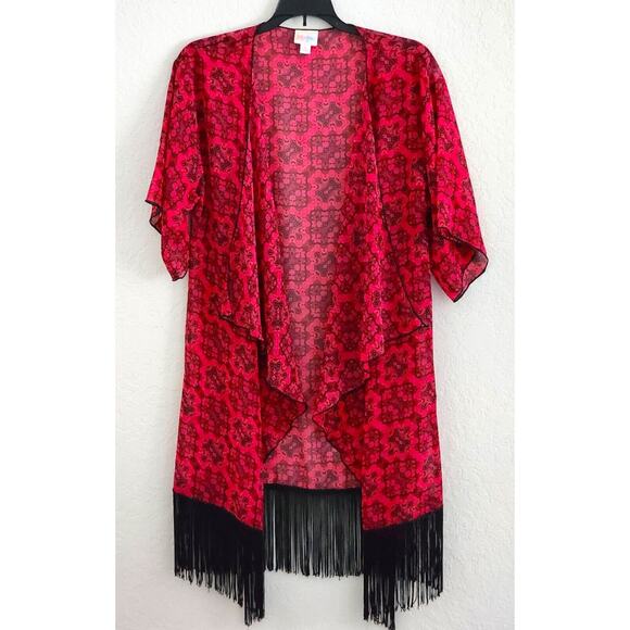 KIMONO/ROBE/COVER UP-LULAROE-Sheer-Red & Black-Black Fringe-Open Front-Size SM - Picture 9 of 13